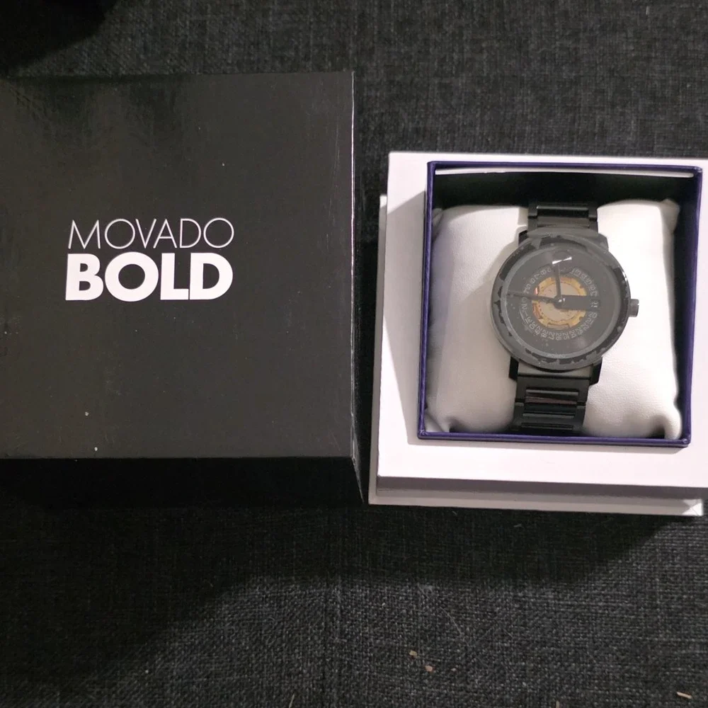 Movado Bold Black Metal Bracelet Analog Wristwatch Date Indicator w/Original Box